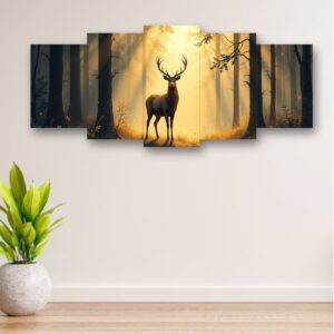 5-Piece Wooden Wall Frame ? Deer in Forest Sunset Design | 16x40 Inch with Sticky Tiles - Image 1