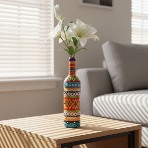 Traditional Truck Art Decorative Glass Bottle Vase ? Handcrafted Multicolor Home Decor (750ml)