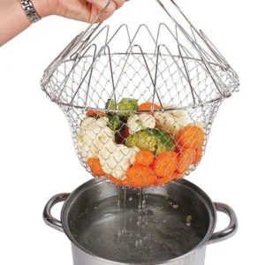 STAINLESS STEEL MULTI-FUNCTIONAL FOLDABLE COOKING Chef Basket Deluxe Kitchen Colander, MESH STEAM RINSE STRAIN FRY BASKET DEEP FRYER - Image 2