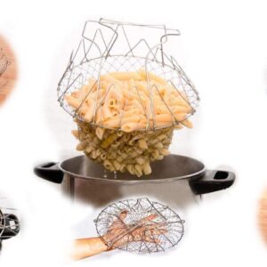STAINLESS STEEL MULTI-FUNCTIONAL FOLDABLE COOKING Chef Basket Deluxe Kitchen Colander, MESH STEAM RINSE STRAIN FRY BASKET DEEP FRYER - Image 1