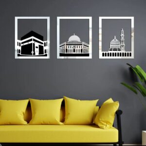 Set Of 3 Masjid Al-Haram - Masjid Al-Aqsa & Masjid An-Nabawi Wall Decor Wall Sticker Muslim Acrylic Mirror Wooden Room Decor (Silver) - Image 1