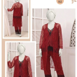3 Pcs Premium Silk & Net Black Lace Women's Sleepwear Set Top Trouser & Gown (Size free) - Image 3