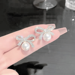 Bow Knot Pearl Earrings with Zircon ? Korean Style (PJX-113) - Image 4