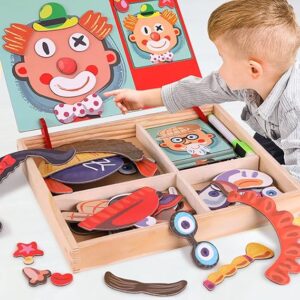 2in1 Crazy Face Clown Magnetic Drawing Board | Magnetic Facial Features Magnetic Jigsaw Puzzle Changing Wooden Children's Toys Learning Toy for Children - Image 5