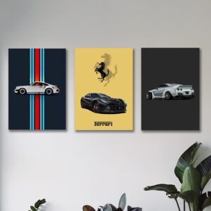 set of 3 sports cars wooden canvas frames for wall decore / sticky phototiles - Image 1