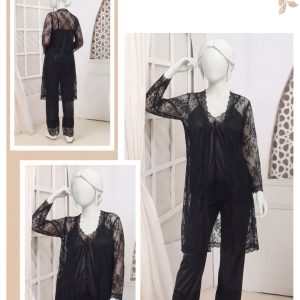 3 Pcs Premium Silk & Net Black Lace Women's Sleepwear Set Top Trouser & Gown (Size free) - Image 2