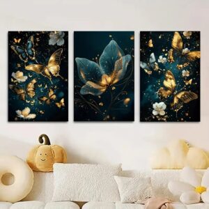 3 Pcs Butterfly Wall Art Frame Set ? Elegant Golden Butterfly And Floral Design With Wooden Sticky Tile ? 8x11 Inches With Double Tape - Image 1