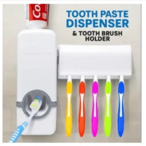 Toothpaste Dispenser With 5 Brush Holder Wall Mounted Automatic Hands Free Toothpaste Dispenser - Image 1