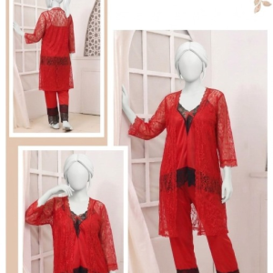3 Pcs Premium Silk & Net Black Lace Women's Sleepwear Set Top Trouser & Gown (Size free) - Image 4