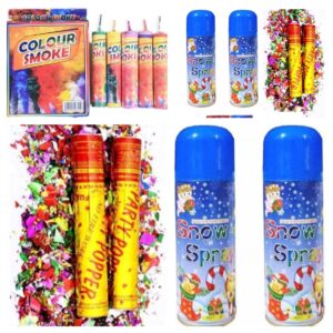 Celebration Combo Pack ? 2 Snow Sprays + 2 Party Poppers + 5 Color Smoke Bombs for Birthdays & Parties - Image 1