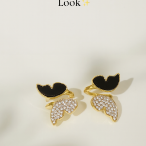 Zircon Butterfly Style Earrings for Women ? Elegant Golden & Silver Studs with Black Enamel and Sparkling Stones (AWJ-997)