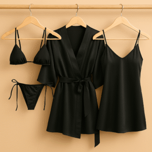 4 PCs-Style Satin Lingerie Set ? Bikini, Slip Dress & Robe Combo ? Free Size (DC-4001) - Image 3