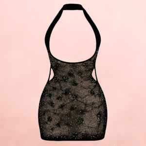 Sheer Glitter Halter Mini Dress ? Keyhole Front, Open Back, Body Stocking Style (Black, Free Size) - Image 3