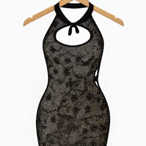 Sheer Glitter Halter Mini Dress ? Keyhole Front, Open Back, Body Stocking Style (Black, Free Size) - Image 1