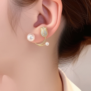 Beautiful Pearl Zircon Korean Flower Earrings for Women ? Elegant Floral Design with Sparkling Zircon and Pearl Detailing | Premium Silver and Golden Fashion Jewelry for Parties, Weddings, and Daily Wear | AWT-999 - Image 5