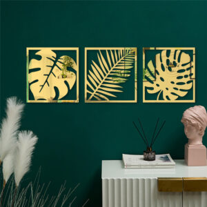 3 Pc Set Hollow Photo Frame Palm Leaves Acrylic Mirror Wall Stickers (Golden) - Image 2
