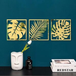 3 Pc Set Hollow Photo Frame Palm Leaves Acrylic Mirror Wall Stickers (Golden) - Image 1