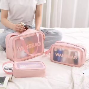 ( 3pcs) Washbag Makeup Bag Wear-resistant Large Capacity Portable Cosmetic Makeup Pouch (pink color) - Image 4
