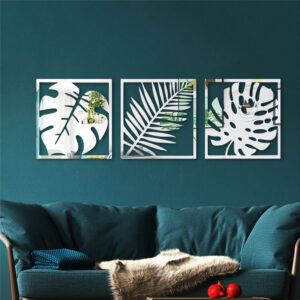 3 Pc Set Hollow Photo Frame Palm Leaves Acrylic Mirror Wall Stickers (Silver) - Image 1