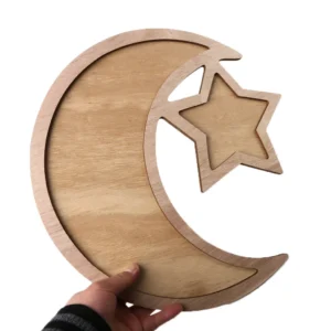 ramzan Wood Serving Tray,Portable Food Storage Container Moon Star Decor - - Image 2