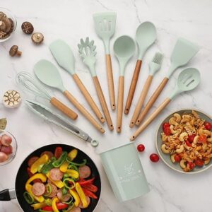 12 pcs set Wooden Handle Silicone Kitchen Utensils With Storage Bucket High Temperature Resistant And Non Stick Pot Spatula Spoon( random color ) - Image 5