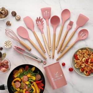12 pcs set Wooden Handle Silicone Kitchen Utensils With Storage Bucket High Temperature Resistant And Non Stick Pot Spatula Spoon( random color ) - Image 4
