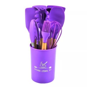 12 pcs set Wooden Handle Silicone Kitchen Utensils With Storage Bucket High Temperature Resistant And Non Stick Pot Spatula Spoon( random color ) - Image 2