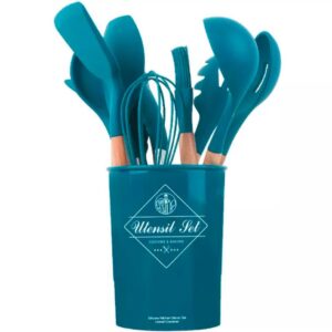 12 pcs set Wooden Handle Silicone Kitchen Utensils With Storage Bucket High Temperature Resistant And Non Stick Pot Spatula Spoon( random color ) - Image 1