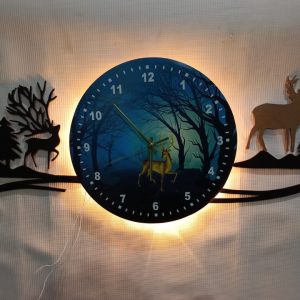 forest figure Deer  3d wood Wall clock blue jungle with light  Fancy Clocks for Bedroom and Drawing Room(with light) - Image 3