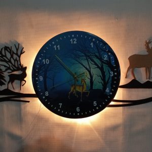 forest figure Deer  3d wood Wall clock blue jungle with light  Fancy Clocks for Bedroom and Drawing Room(with light) - Image 2
