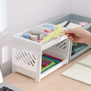 Desktop Double-Layer Plastic Storage Holder Rack Cosmetic Box Kitchen Bathroom Desk Shelf Organizer Office Supplies Stationery (Random Color) - Image 3