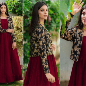 2 Pc Embroidered Round Neck Silk Maxi & Jacket - Image 1