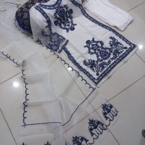 3PCs Front Heavy Embroidery Shirt With Frill Style Embroidered Dupatta - Image 1