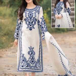 3PCs Front Heavy Embroidery Shirt With Frill Style Embroidered Dupatta - Image 4