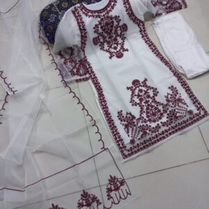 3PCs Front Heavy Embroidery Shirt With Frill Style Embroidered Dupatta - Image 3