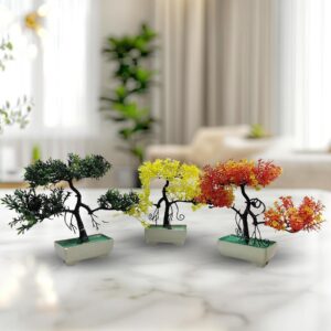 Pack Of 3 Bonsai Trees, ( Green, Yellow, Orange ) Room Decor Bonsai Tree for Home Bedroom Farmhouse Office Desk Decor, Artificial Bonsai Trees | Fake Pot | Best Artificial Pot - Image 4