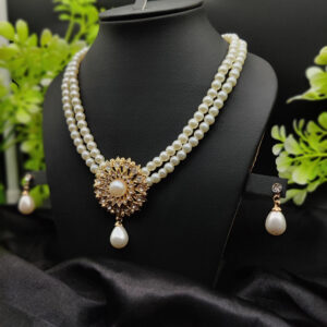 Imported Radiant Double-Layered Pearl Necklace with Golden Sunburst Pendant | Girls & Women Fashion - Image 1