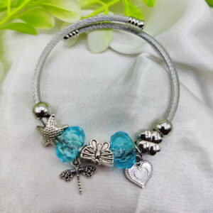 Imported Elegant Pandora-Inspired Silver Charm Bracelet with Ocean Blue Beads & Delicate Charms| Best Quality Bracelet For Girls & Women - Image 1