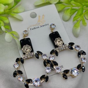 Imported Elegant Floral Hoop Earrings with Black and Crystal Accents | Best Quality Earrings For Girls & Women | Luxury Look Earrings - Image 1