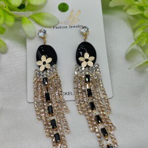 Imported Glamorous Long Tassel Earrings with Black and Crystal | Luxury Look Earrings | Girls Earrings | Women Earrings - Image 2