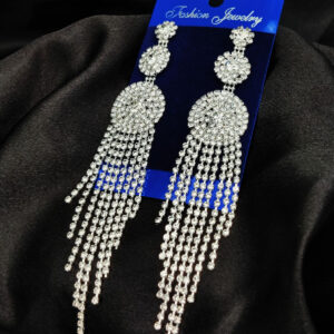 Imported Tarnish-Free Silver Sparkling Long Statement Earrings for Glamorous Evenings | Best Quality Earrings For Girls & Women | Luxury Look Earrings (Silver) - Image 3