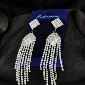 Imported Earrings In Multiple Design | Tarnish-Free Diamond-Shape, Heart Fringe, Long Heart Fringe, Radiant, Diamond Cascade Design Earrings| Luxury Look Artificial Earrings | Girls Earrings | Women Earrings ( Silver ) - Image 1