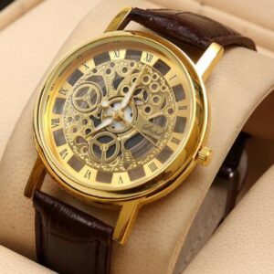 Stylish Leather Watch with Gold-Tone Stainless Dial & Brown Strap Without Box - Image 2