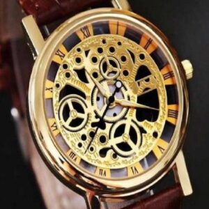 Stylish Leather Watch with Gold-Tone Stainless Dial & Brown Strap Without Box - Image 1