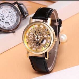 Stylish Leather Watch with Gold-Tone Stainless Dial & Black Strap Without Box - Image 2