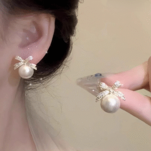 Bow sparkle diamond pearl stud earrings /  Pearl Earrings Women's Earrings for Gift - Image 3