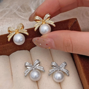 Bow sparkle diamond pearl stud earrings /  Pearl Earrings Women's Earrings for Gift - Image 4
