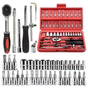 46-Piece Professional Socket Wrench Tool Set with Ratchet Handle, Sockets, Screwdriver Bits for Car, Motorcycle, Bicycle, Home Repair, Mechanical Work, Garage and DIY Maintenance Tasks, Portable Heavy-Duty Tool Kit - Image 3