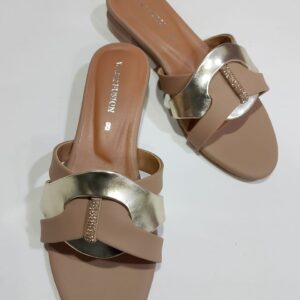 Women's Tan & Gold Embellished Flat Sandals ? Stylish Slip-On Slides with Luxury Comfort & Chic Gold Accent Shine with every step ? comfort class in one perfect pair | Slipper | Slipper For Women (With Box) - Image 2