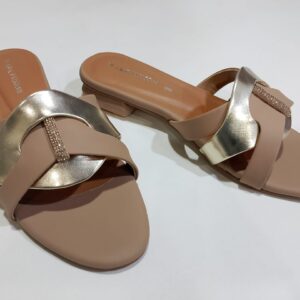 Women's Tan & Gold Embellished Flat Sandals ? Stylish Slip-On Slides with Luxury Comfort & Chic Gold Accent Shine with every step ? comfort class in one perfect pair | Slipper | Slipper For Women (With Box) - Image 3